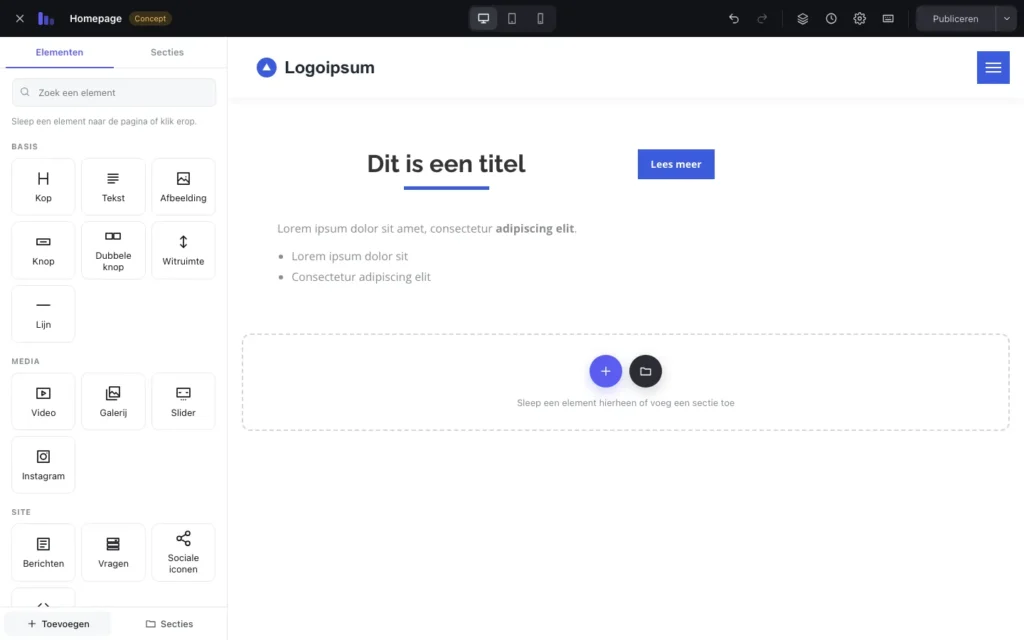 Het paneel met blokken in de builder van Thruster 2.0